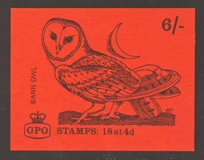1968 6/- Barn Owl Booklet Cover Proof on orange red card
