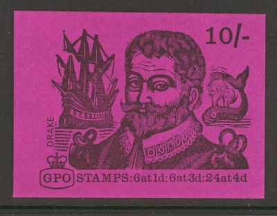 1969 10/- Drake Booklet Cover Proof on Bright Purple Card