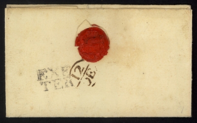 1735 Wrapper from Exeter to London with Exeter divided two line in Black with London arrival Bishop mark. Horizontal filling crease near base. A very clean example