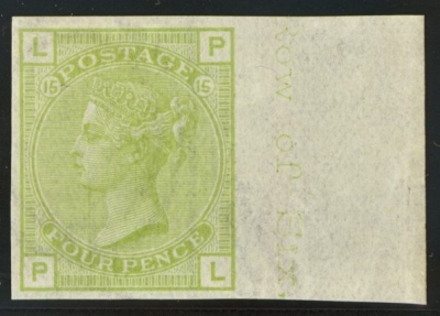 1876 4d Colour trial in Light Sage. A superb lightly M/M marginal example