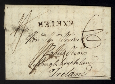 1785 Entire letter from Exeter to Ireland via Bristol and Holyhead. A straight line of Exeter and Bristol Straight line and Dublin Bishop mark.  A very clean example
