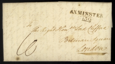 1821 entire letter from Axminster to London with Axminster straight line with Mileage mark.  A very clean example