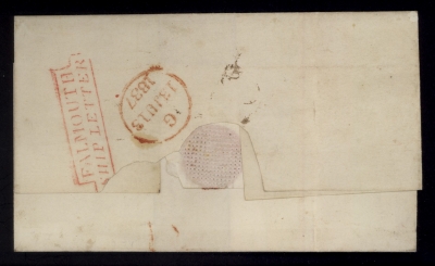 1837 entire letter from Lisbon to London with Boxed two line Falmouth Ship Letter in Red on reverse