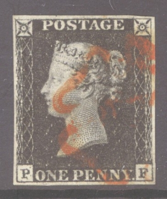 1840 1d Black SG 2  Plate 2 Lettered P.F.  A Very Fine Used example with 4 Good Even Margins Neatly cancelled by a Red M…