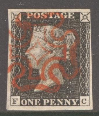 1840 1d Black SG 2  Plate 2 Lettered F.C.   A Superb Used example with 4 Clear to Large Margins Neatly Cancelled by a …