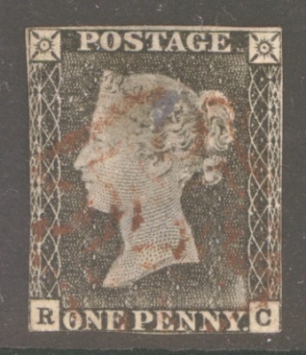 1840 1d Grey Black SG 3 lettered R.C.  A Fine Used example showing Plate wear lightly cancelled by a Red M/X. Reverse th…