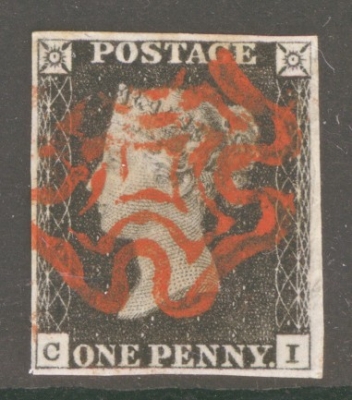1840 1d Intense Black SG 1 Plate 4 lettered C.I.  A Very Fine Used example with 4 Large Margins Neatly cancelled by a Superb Bright Red M/X. An Attractive stamp