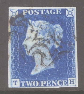 1840 2d Blue SG 5 Plate 1 lettered T.H.  A Very Fine Used example with 4 Clear to Large Margins Lightly Cancelled by a Black M/X