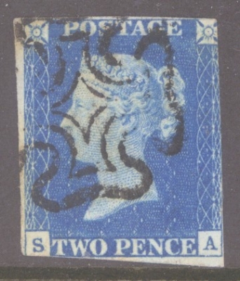 1840 2d Blue SG 5 Plate 2 lettered S.A.  A Fine Used example Cancelled by a black M/X 