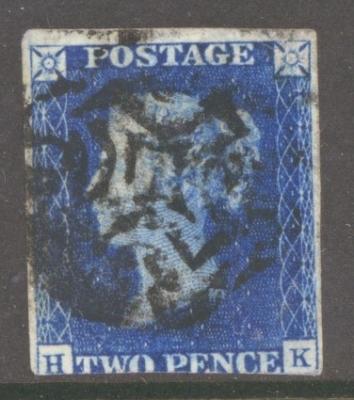 1840 2d Blue SG 5 Plate 2 lettered H.K.  A Good Used example with 3 Good Margins Cancelled by a black M/X 