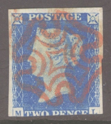 1840 2d Blue SG 5 Plate 2 lettered M.L.  A Very Fine Used example with 3 Large Margins Cancelled by a Superb Bright Red M/X