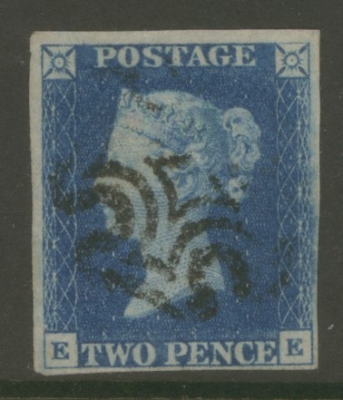 1840 2d Blue SG 5 Plate 1  Lettered E.E.  A Very Fine Used example with 4 Good to Large Margins cancelled by a Crisp Black M/X