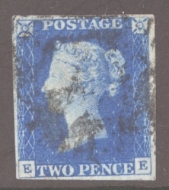 1840 2d Blue SG 5 Plate 2 lettered M.F.  A Very Fine Used example with 4 Good Margins cancelled by a Black M/X. Cat £1,100