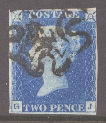1840 2d Blue SG 5 Plate 2 lettered G.J.  A  Fine Used example with 3 Good Margins 4th margin just touching. Cat £1,100