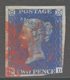 1840 2d Blue SG 5 Plate lettered N.D.  A Good Used example with deep Bright colour+ large margins in places cancelled by a Red M/Xexample 