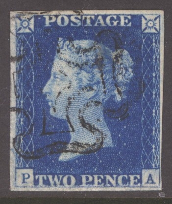 1840 2d Blue SG 5 Plate 2  Lettered P.A.  A Fine Used example with 4 Good Margins Neatly cancelled by a Black M/X