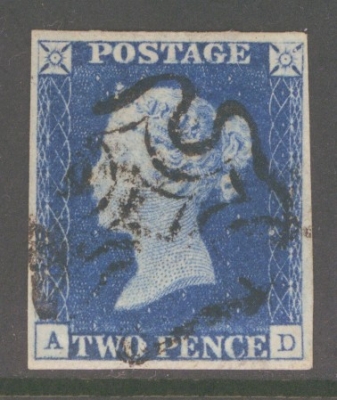 1840 2d Blue SG 5 Plate 2  Lettered A.D.  A Very Fine Used example with 4 Large Margins lightly cancelled by a Black M/X