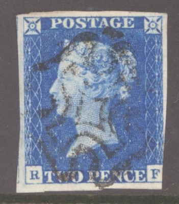 1840 2d Blue SG 5 Plate 1 lettered R.F.  A  Very Fine Used example with 3 Good Margins neatly cancelled by a Black M/X. Cat £1,100