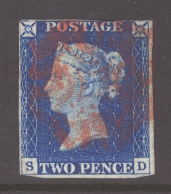 1840 2d Blue SG 5 Plate 1  Lettered S.D.  A Fine Used example with 4 Clear to Good Margins cancelled by a Red M/X