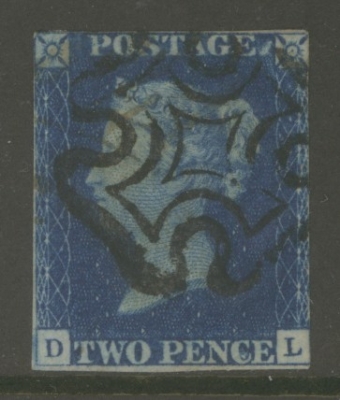 1840 2d Deep Blue SG 4 Plate 1 Lettered D.L.  A Very Fine Used example with 3 Clear Margins Neatly cancelled by a Black …