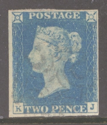 1840 2d Pale Blue SG 6 Plate 1 lettered K.J.  A Very Fine Used example with 4 Good to Large Margins Lightly Cancelled by…