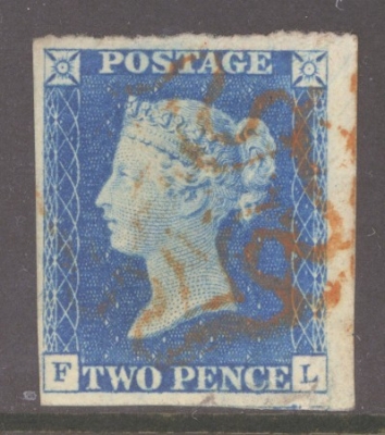 1840 2d Pale Blue SG 6 Plate 1  Lettered F.L.  A Superb Used example with 4 Large Margins cancelled by a Superb Red M/X
