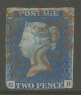1840 2d Pale Blue SG 6 Plate 1  lettered G.B.  A Very Fine Used example  cancelled by a Bright Red M/X. A Pretty Stamp.Cat £1,250