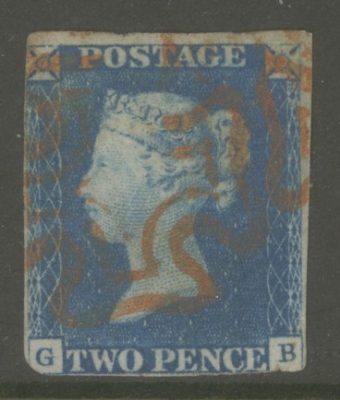 1840 2d Pale Blue SG 6 Plate 1  lettered G.B.  A Very Fine Used example  cancelled by a Bright Red M/X. A Pretty Stamp.C…