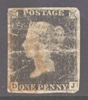 1840 1d Black SG 2 lettered D.J.  A Used spacefiller with 4 margins, heavy creasing