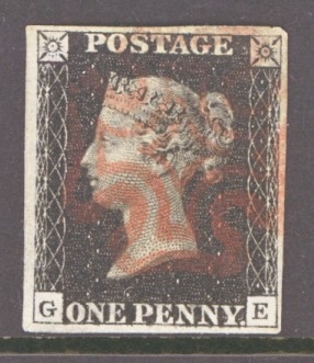 1840 1d Black SG 2 Plate 2 lettered G.E.  A Very Fine Used example with 4 Good even Margins