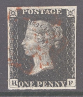 1840 1d Black SG 2 Plate 6 lettered H.F.  A Very Fine Used example with 4 Clear to Good Margins