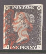 1840 1d Black SG 2 Plate 8 lettered I.K.  A Very Fine Used example with 3½ Margins