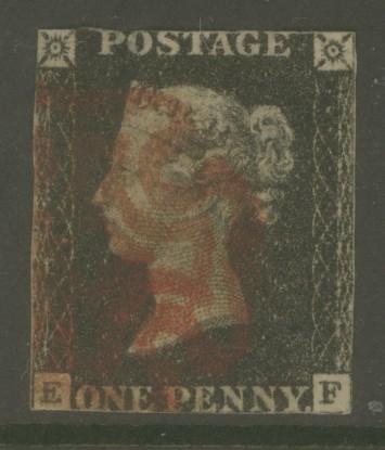 1840 1d Black SG 2 lettered E.F.  A Good Used example cancelled by a Red M/X. Small reverse thin