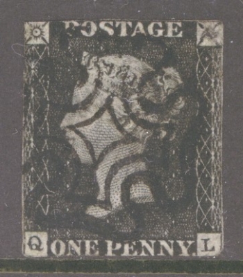 1840 1d Black SG 2 lettered Q.L.  A Fine Used example Neatly cancelled by a Black M/X. Small reverse thin.