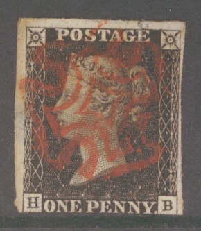 1840 1d Black SG 2 H.B.  A Fine Used example with 3 margins cancelled by a Red M/X, small tear