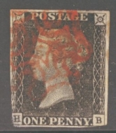 1840 1d Black SG 2 lettered H.B.  A Good Used example cancelled by a Red M/X. Reverse thin