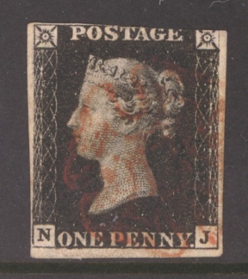 1840 1d Black SG 2 Plate 3 lettered N.J.  A  Fine Used example with 3½ Margins Lightly cancelled by a Red M/X.