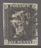1840 1d Black SG 2 Plate 10 lettered C.F.  A Very Fine Used example with 4 Clear to Large Margins cancelled by a Black M/X.
