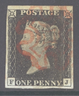 1840 1d Black SG 2 Plate 1a lettered F.J.  A Fine Used example with 4 good to large margins