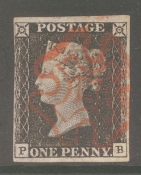 1840 1d Black SG 2 Plate 4 lettered P.B.  A Very Fine Used example with 3 Large Margins, 4th Margin just touching. Neatly cancelled by a Superb Red M/X. 