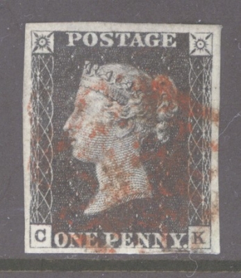 1840 1d Black SG 2  Plate 6 Lettered C.K.  A Fine Used example with 4 Large Even Margins Cancelled by a Red M/X.
