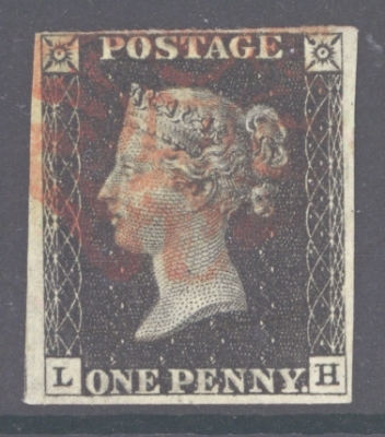 1840 1d Black SG 2 Plate 8 lettered L.H.  A Fine Used example with 4 good to large margins