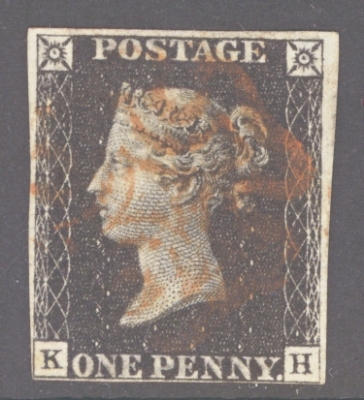 1840 1d Black SG 2 Plate 6 lettered K.H.  A Fine Used example with 4 Clear to Good margins