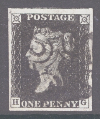1840 1d Black SG 2 Plate 8 lettered H.G.  A Superb Used example with 4 Extra Large Margins
