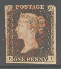 1840 1d Black SG 2 Plate 2 lettered B.I.  A Fine Used example with 3 Good margins lightly cancelled by a Red M/X