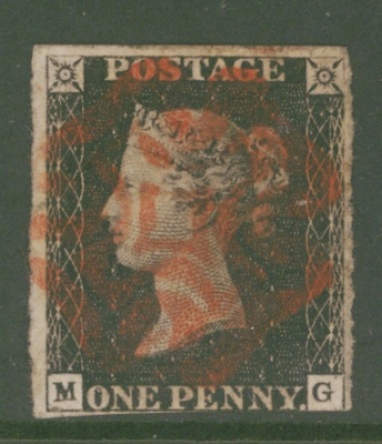 1840 1d Black SG 2 Plate 3 lettered M.G.  A Very Fine Used example with 3 Large Margins Neatly cancelled by a Red M/X.