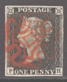 1840 1d Black SG 2 Plate 4 lettered P.H.    A Very Fine Used example with 4 Clear to Large Margins cancelled by a Superb Bright Red M/X