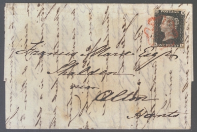 1840 1d Black SG 2 Plate 7 lettered R.A.  A Very Fine Used example with 4 Large Margins tied to entire from Lymington t…
