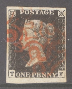 1840 1d Black SG 2 Plate 8 lettered T.F.  A Very Fine Used example with 4 Good to Extra Large Margins cancelled by a Bright Red M/X. Cat £525