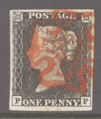 1840 1d Black SG 2 Plate 1a lettered P.F.  A Fine Used example neatly cancelled by a Red M/X